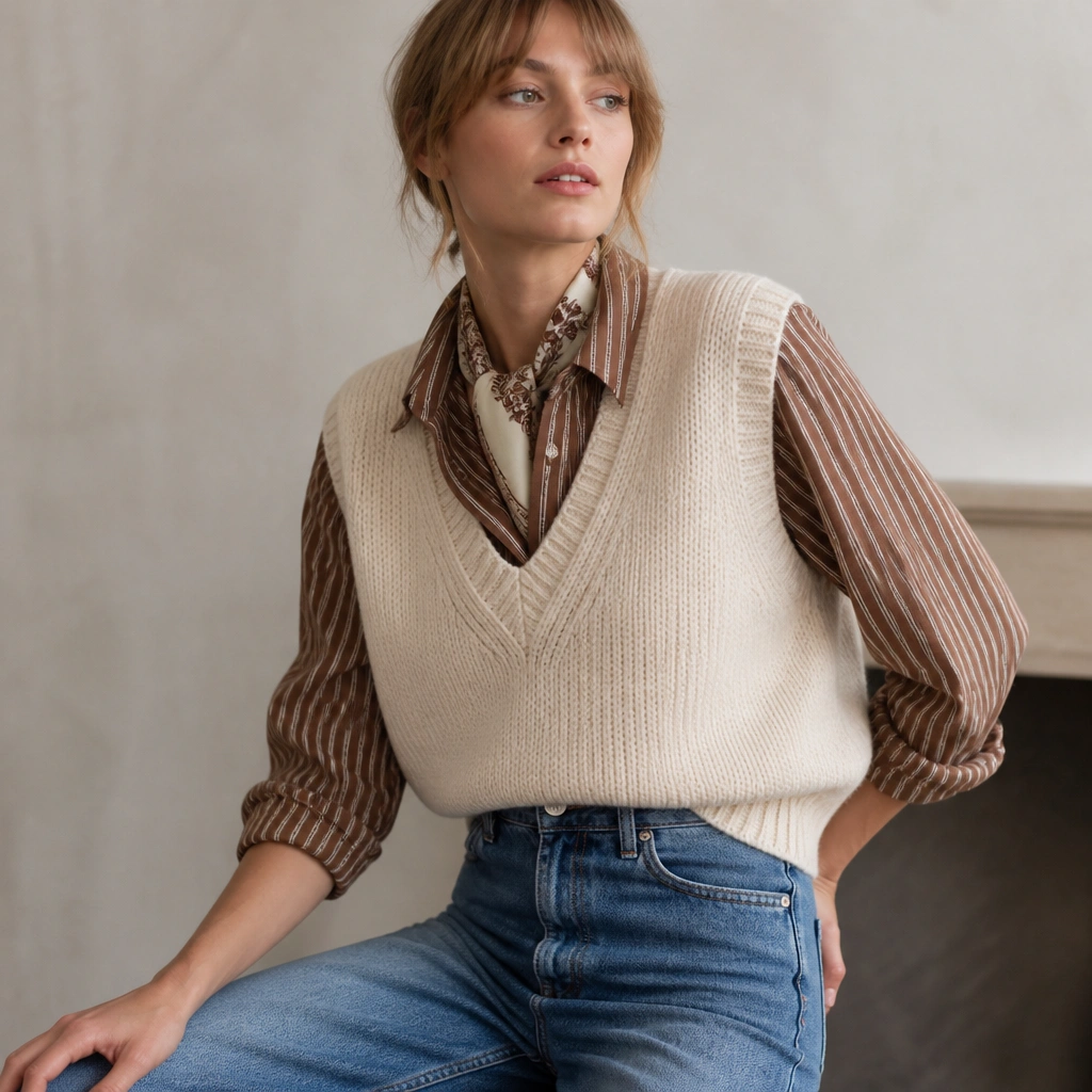 A brown striped shirt layered under a cream chunky knit sweater vest; the model wears high-waisted jeans and a scarf tucked at the neck.