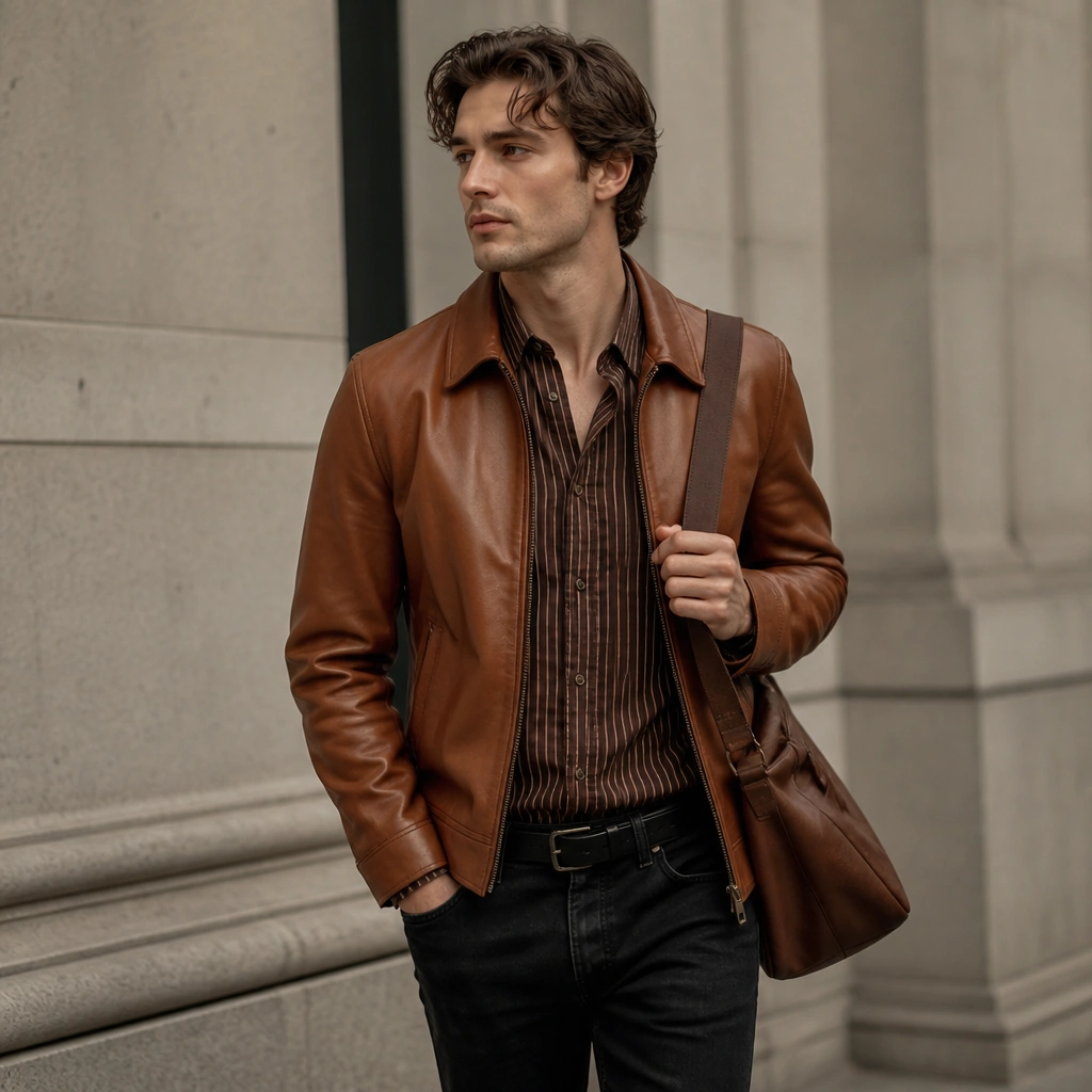 A brown striped shirt under a cognac leather jacket with the collar peeking out; the model wears black jeans and a brown leather shoulder bag.