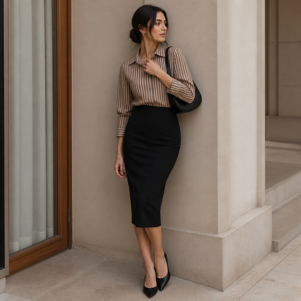 A taupe-and-brown striped shirt tucked into a black pencil skirt; the model wears black pointed flats and a sleek shoulder bag.