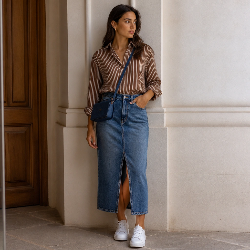 A brown striped shirt tucked into a medium-wash denim midi skirt; the model wears white sneakers and a denim-friendly crossbody bag.