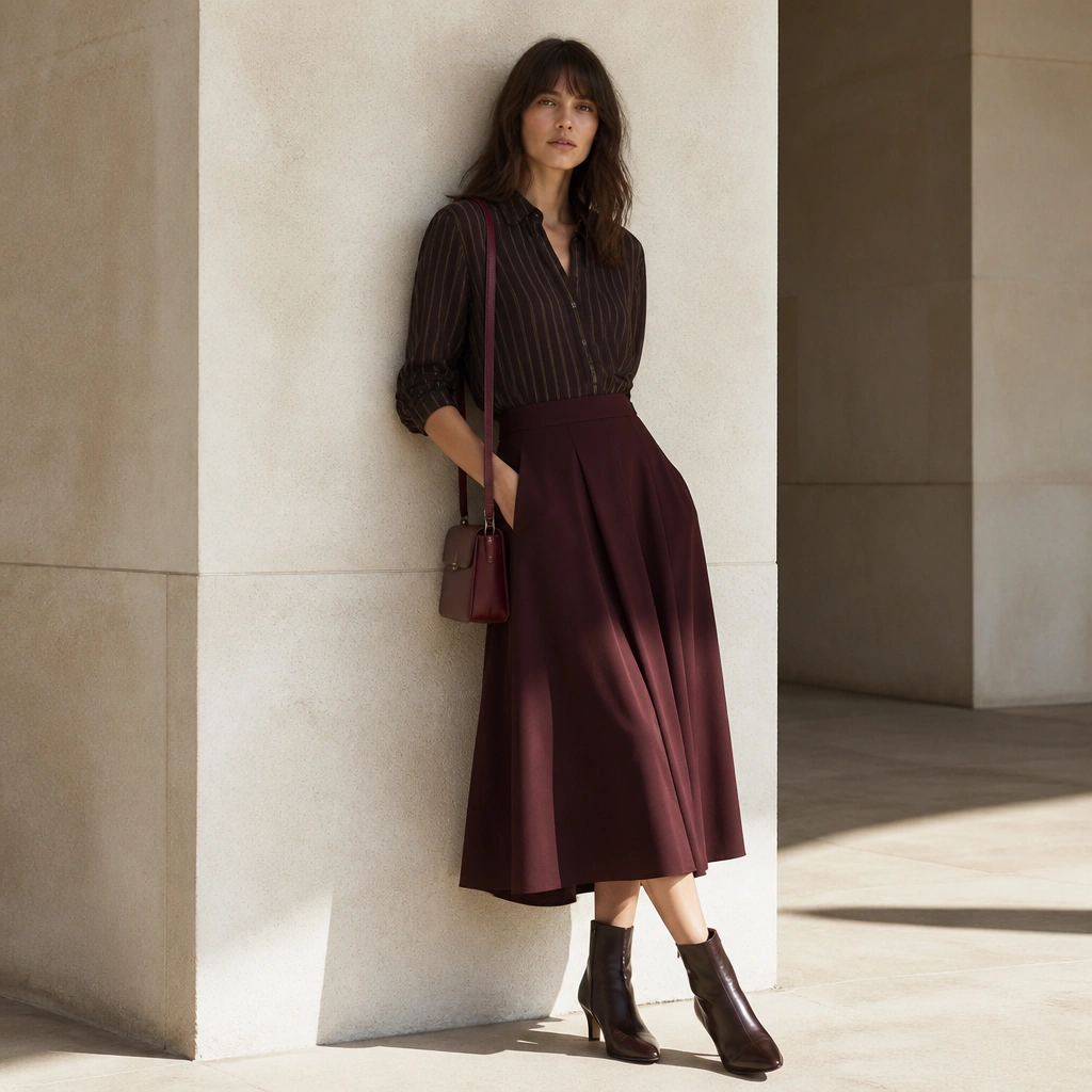 A dark brown striped shirt tucked into a burgundy midi skirt; the model wears heeled ankle boots and a small maroon crossbody.