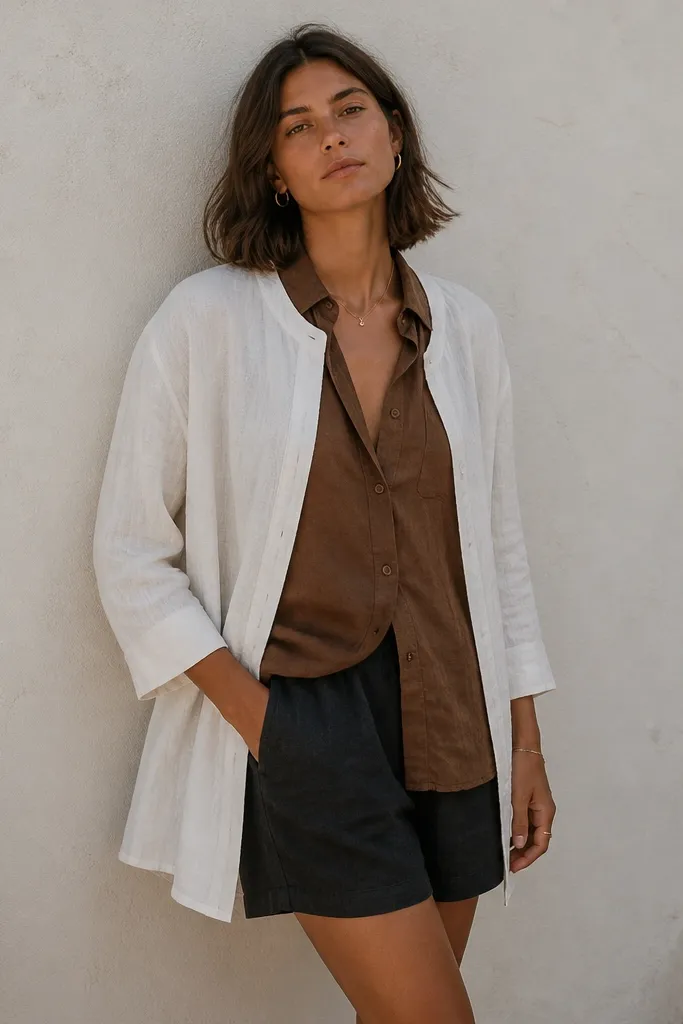 A white linen tunic worn open over a brown linen button-down, both lightly textured; the bottoms are dark-wash shorts, with minimal jewelry and neutral slides.
