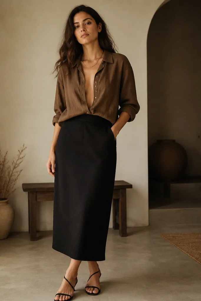 Brown linen shirt worn mostly open with a black high-waisted midi skirt, thin gold necklace, and strappy black sandals; the model is photographed indoors with warm lighting.