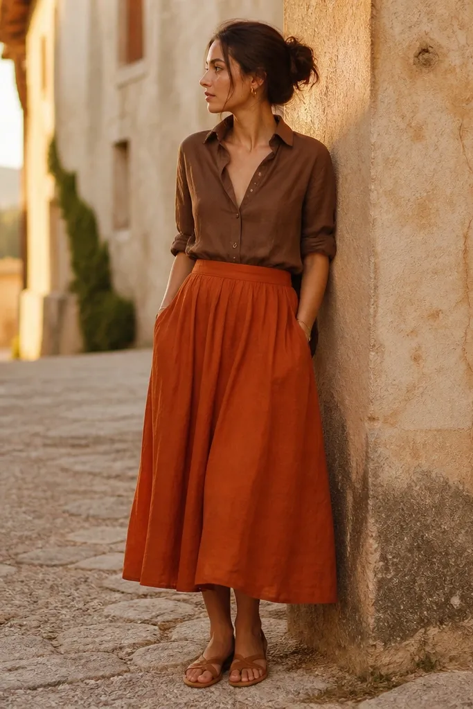 Rust-orange midi skirt with a brown linen shirt, sleeves rolled higher toward the elbow, and tan leather sandals; warm sunset tones in the photo.