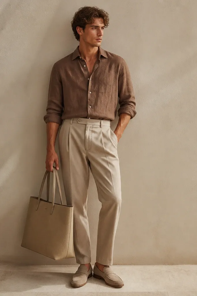 Brown linen shirt tucked into sand-beige trousers with a matching tonal palette, loafers, and a structured tote bag; the model stands against a neutral wall.