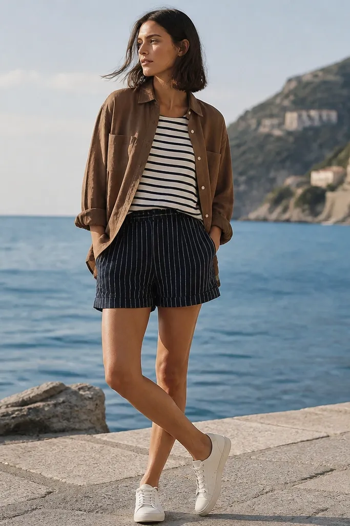 Brown linen shirt worn open over a navy-and-white striped top, navy striped shorts, and white sneakers; the photo shows a seaside vibe.