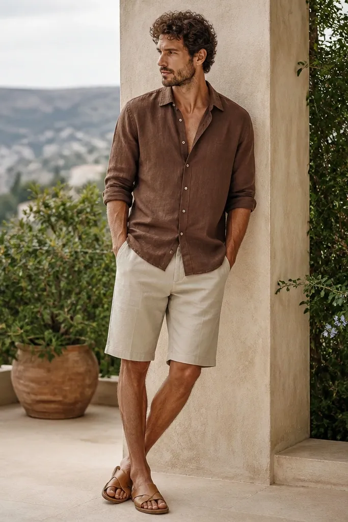 Brown linen shirt with rolled cuffs and a relaxed collar, paired with knee-length bermuda shorts in light khaki, plus tan leather sandals; outdoor terrace background.