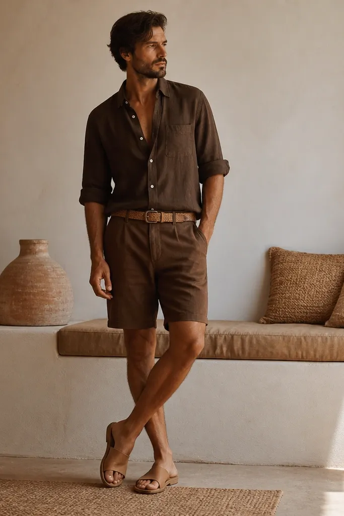 Chocolate-brown linen shirt paired with matching brown shorts in a slightly different shade, with tan slides and a woven belt; warm indoor daylight.