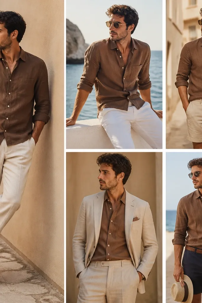 Warm Weather Brown Linen Shirt Outfit Ideas