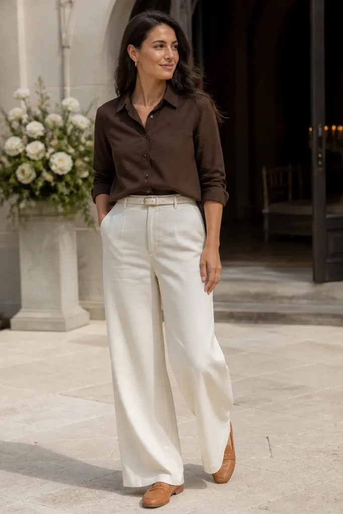 Cream wide-leg trousers with a dark brown tucked camp shirt and brown loafers