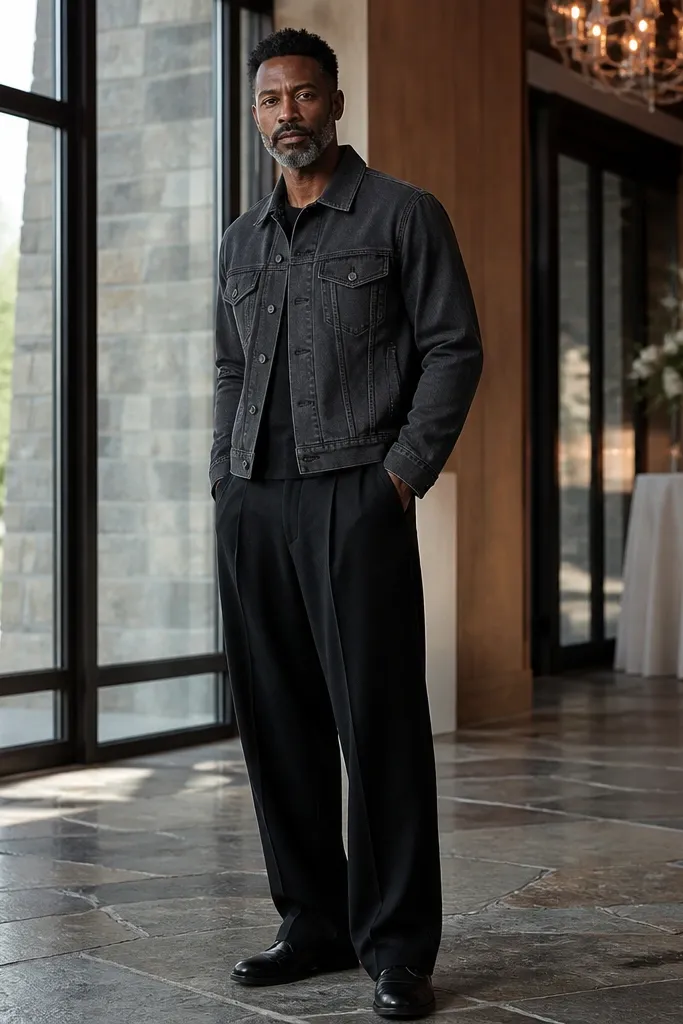 Charcoal denim jacket over black pleated trousers with black sneakers