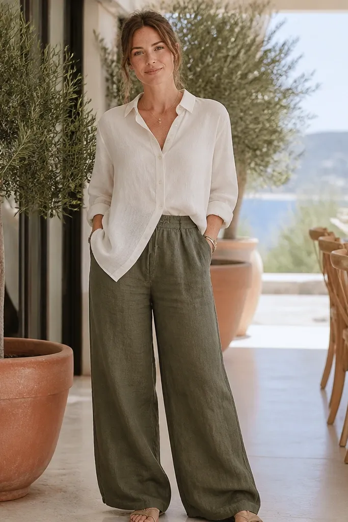Olive linen trousers with an off-white oversized shirt and tan sandals