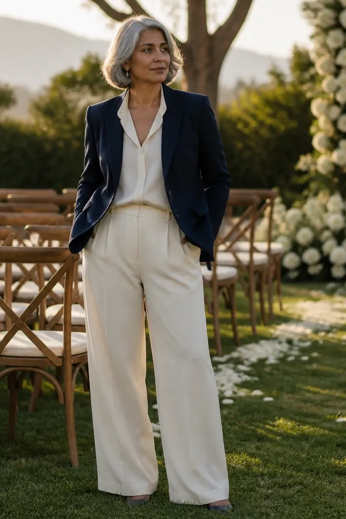 Navy blazer with cream baggy trousers and brown lace-up shoes