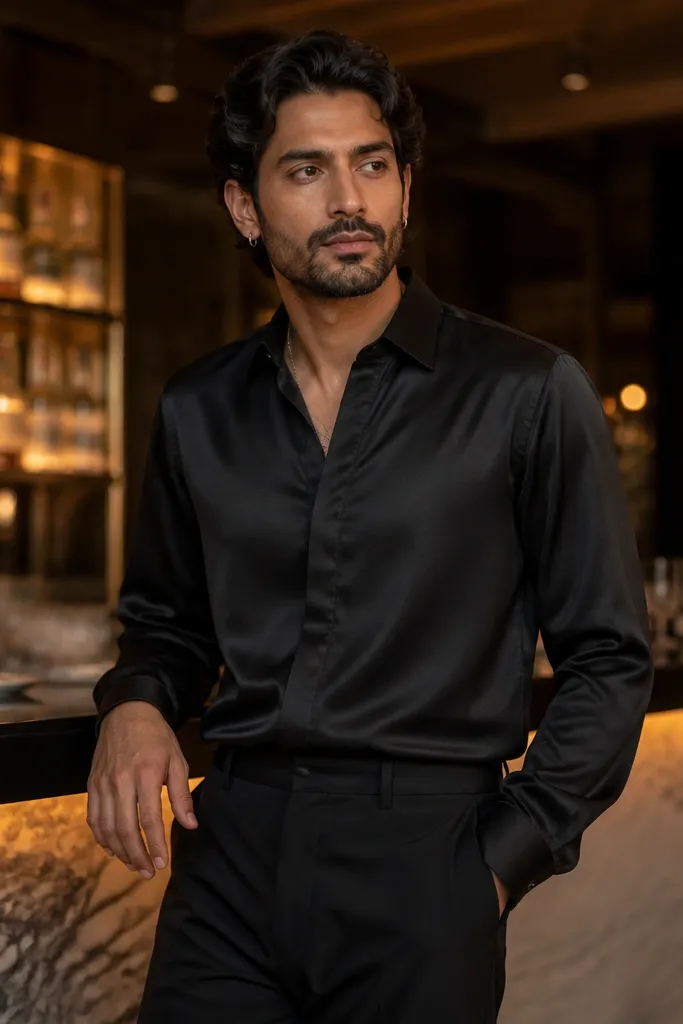 Black satin-feel shirt with wide-leg trousers and silver jewelry