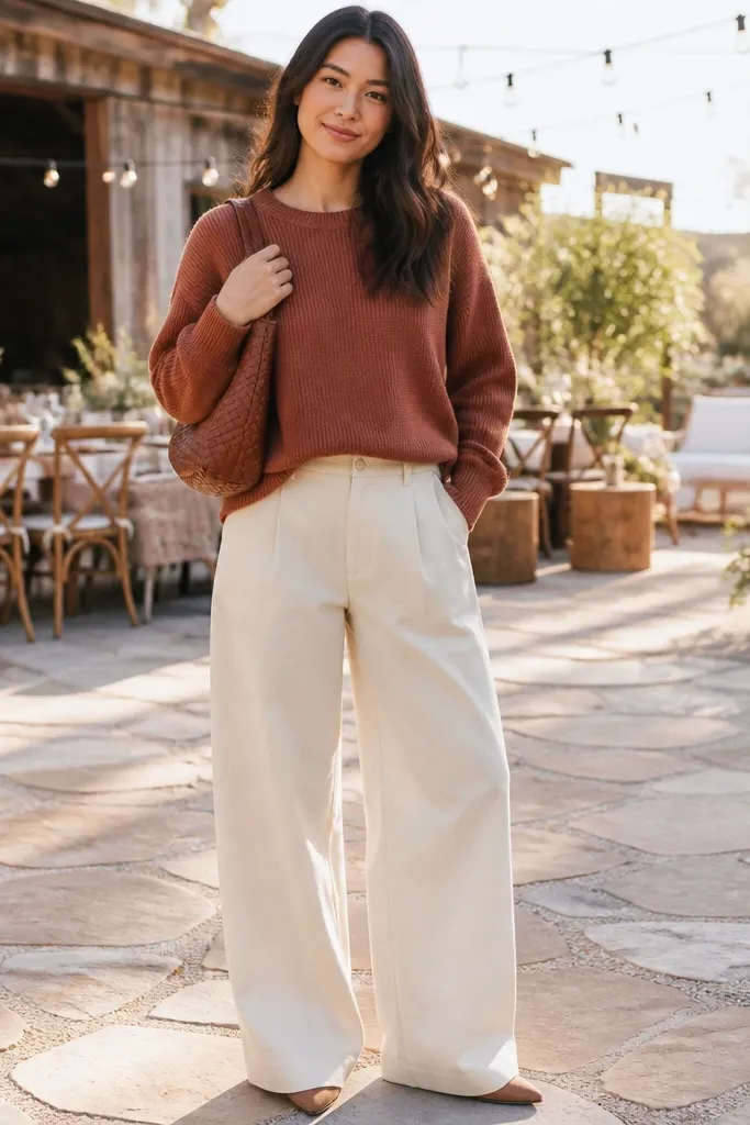 Rust oversized sweatshirt with cream wide-leg chinos and white sneakers