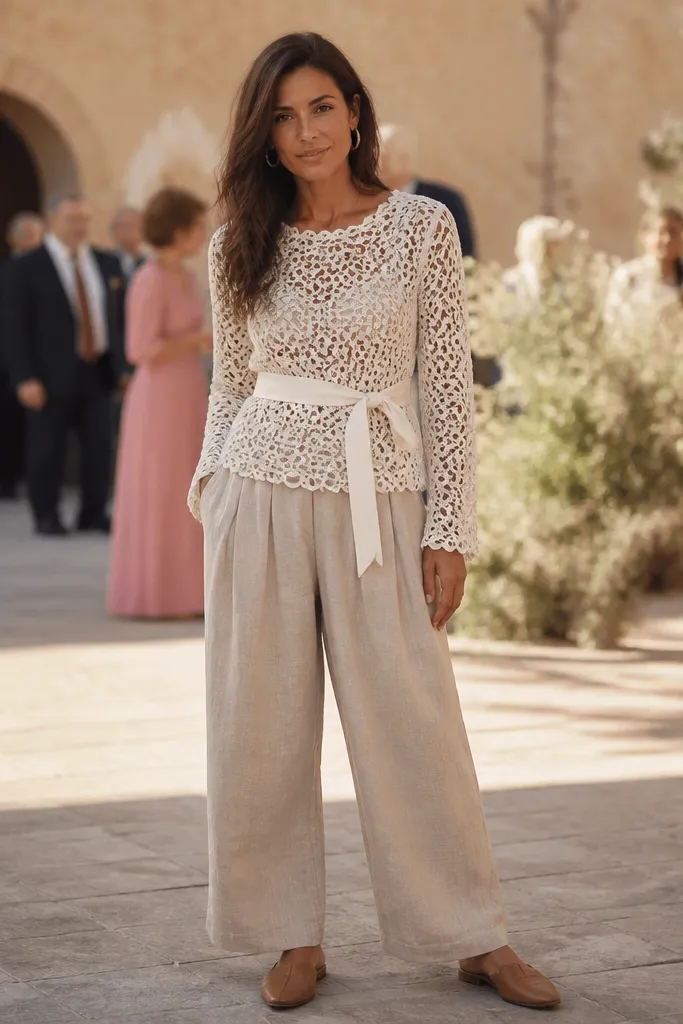 White crochet-style top with beige baggy trousers and tan sandals