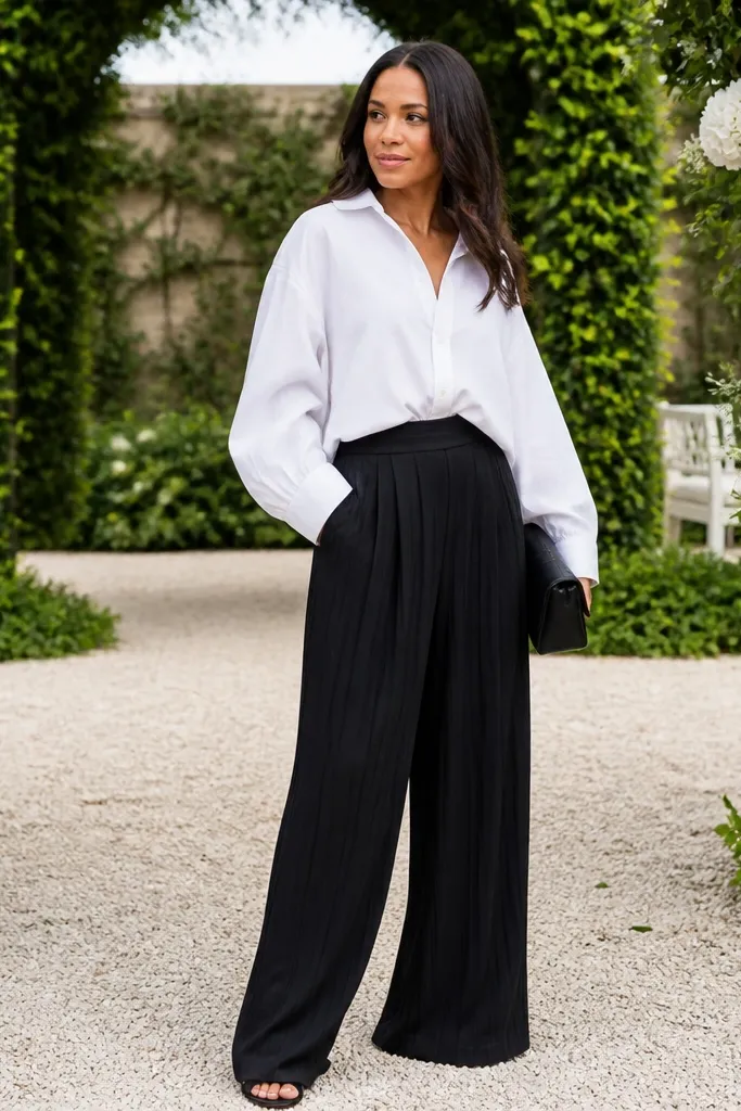 White oversized button-up with black pleated wide-leg pants and black loafers