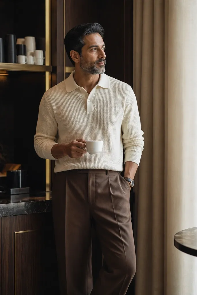 Brown wide-leg trousers with cream knit polo and tan loafers