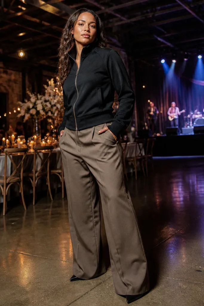 Black track jacket with tailored baggy trousers and sleek sneakers