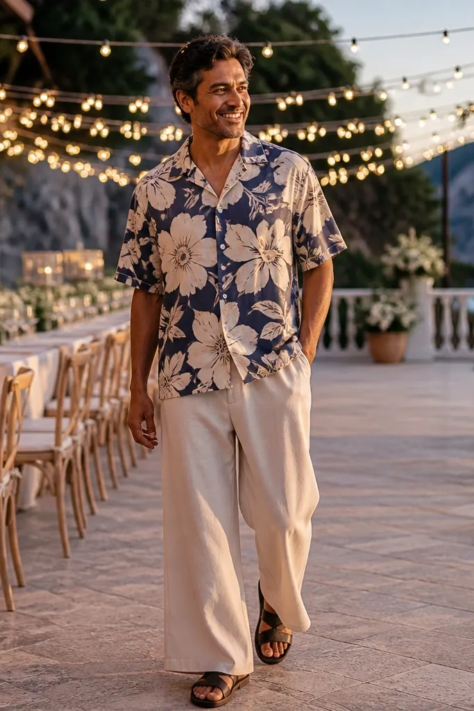 Floral short-sleeve shirt with solid wide-leg trousers and leather sandals