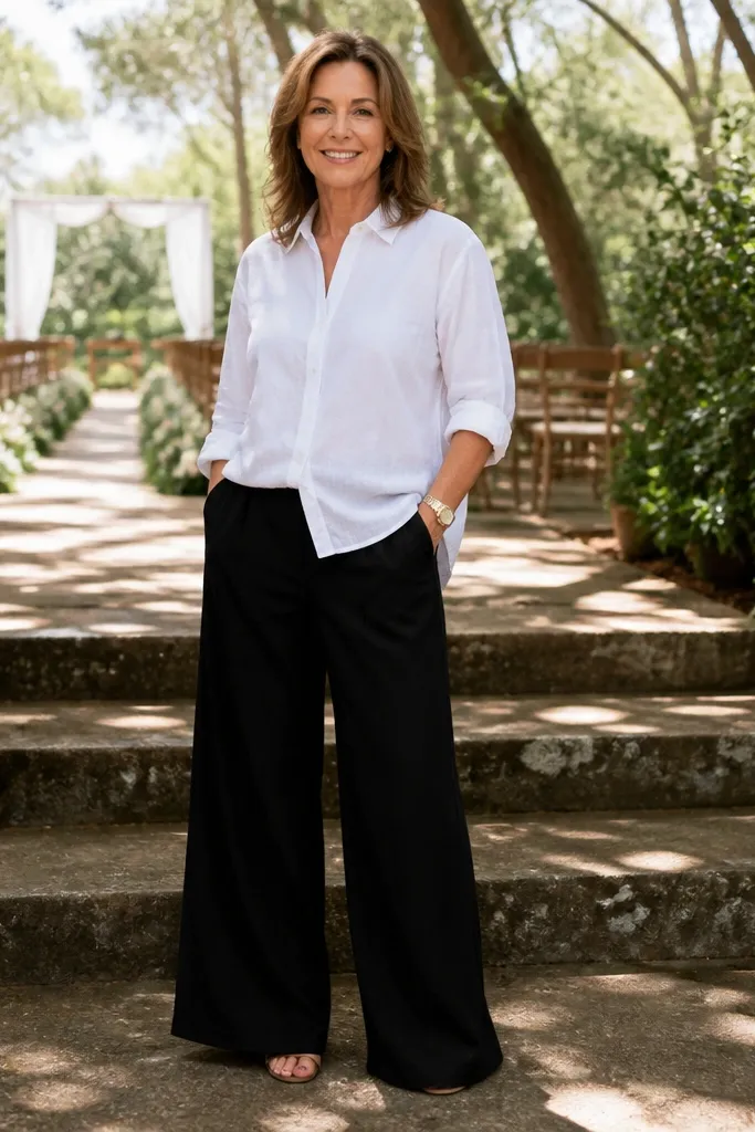 White linen shirt with black wide-leg trousers and gold watch