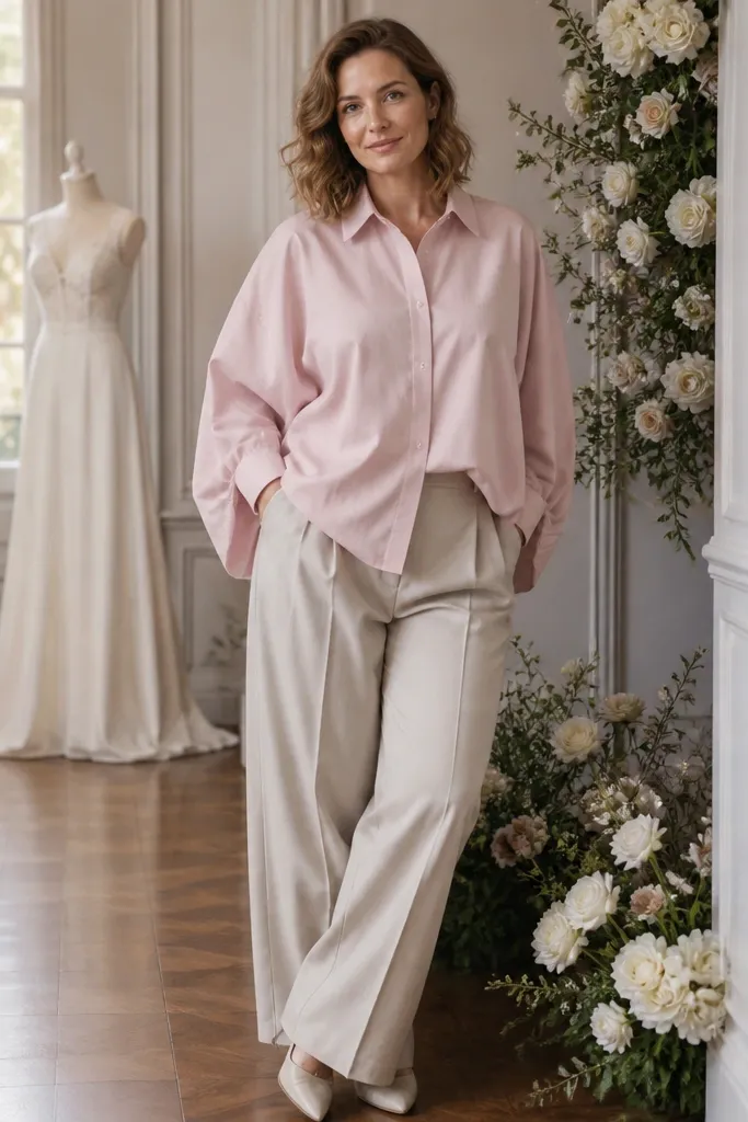 Pale pink oversized blouse with stone tapered wide pants and nude flats