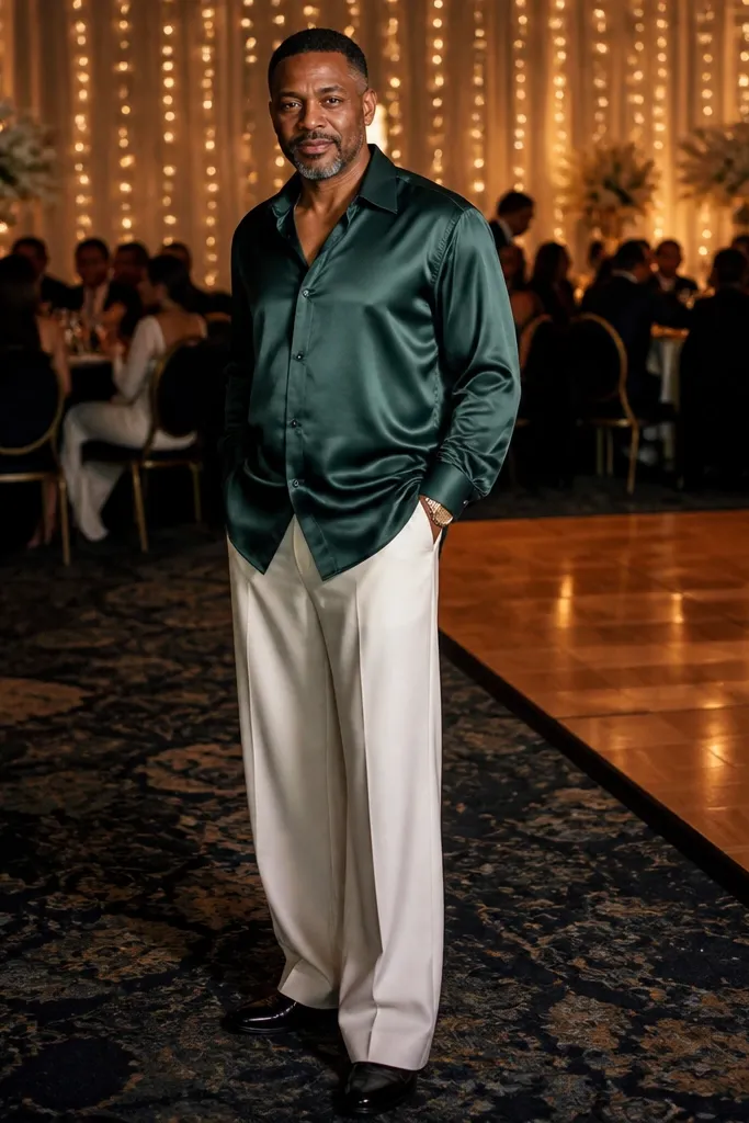 Deep green satin shirt with cream wide-leg trousers and brown loafers