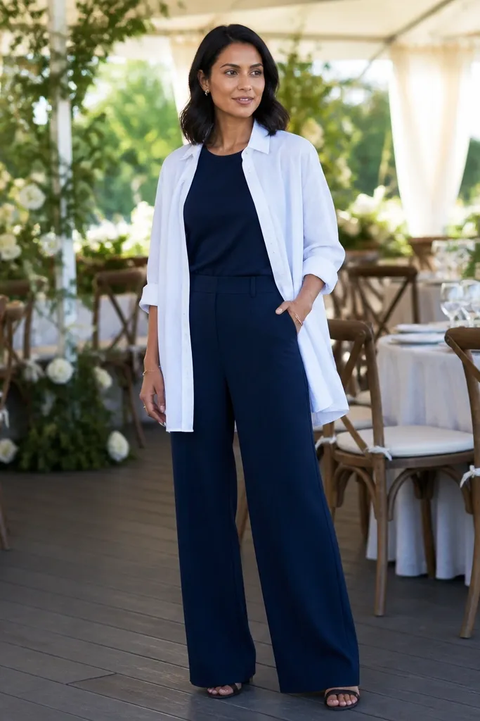 Navy tee under oversized white overshirt with navy wide-leg pants