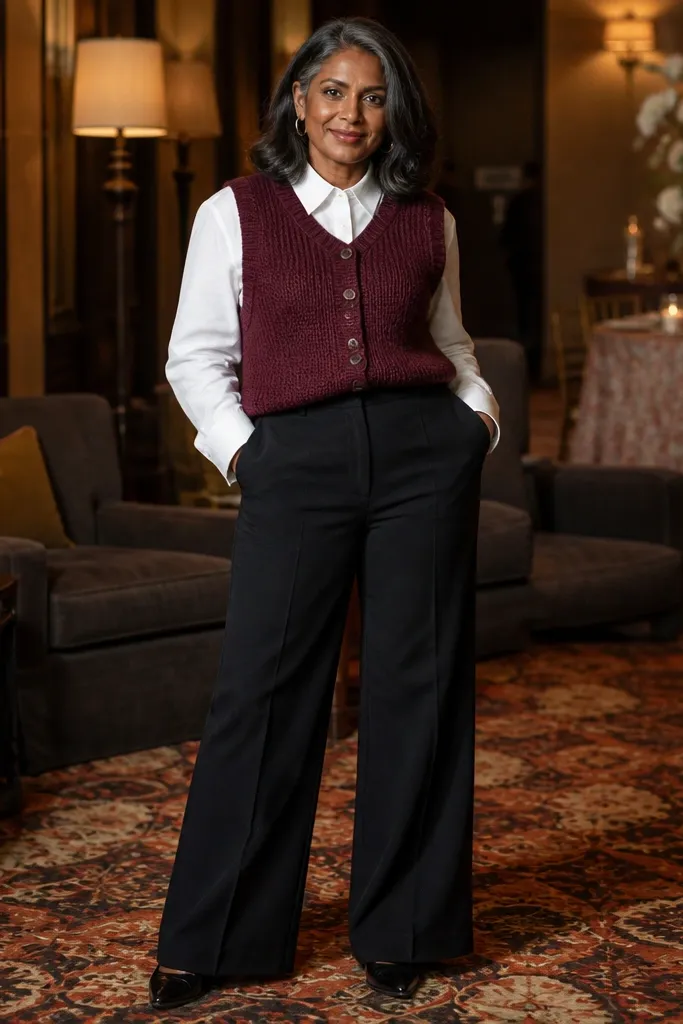 Burgundy knit vest over white shirt with black wide-leg pants and brown shoes