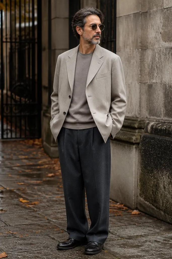 Stone t-shirt with oversized beige jacket and charcoal trousers and brown boots