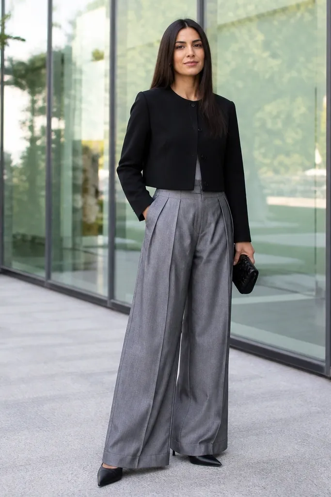 Silver-gray pleated trousers with cropped black jacket and black loafers
