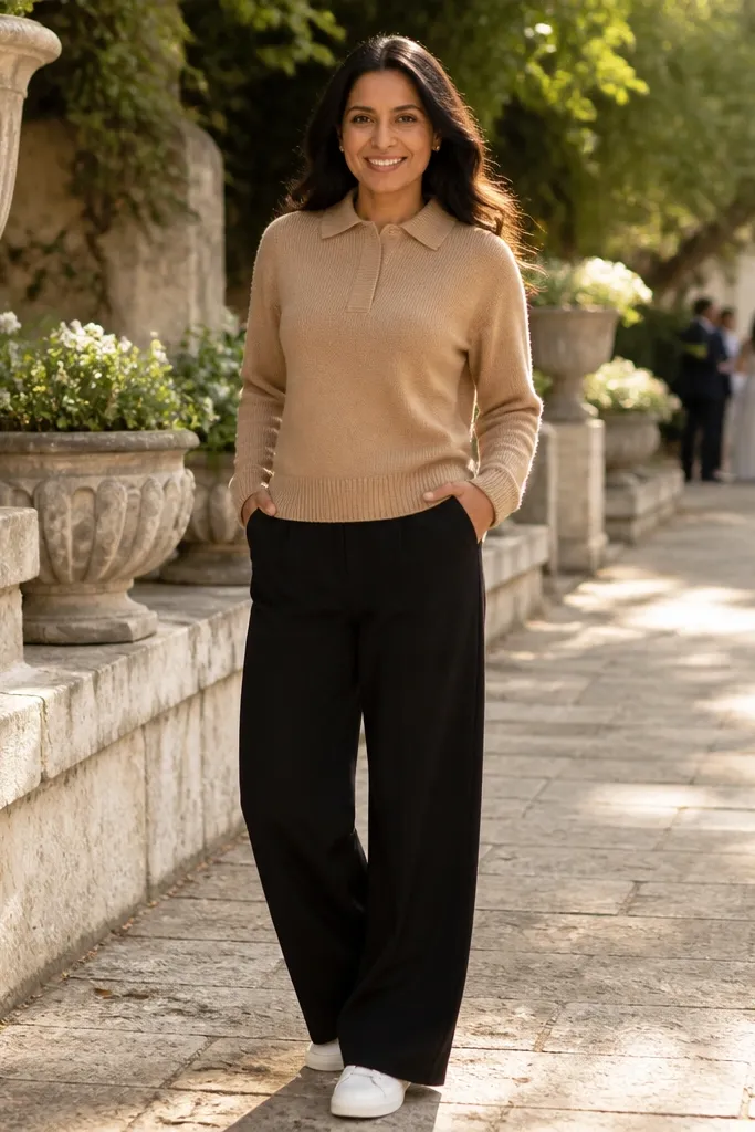 Tan sweater shirt with black wide-leg trousers and white sneakers