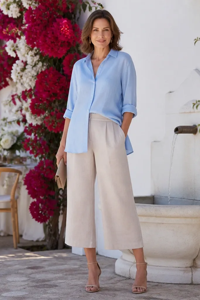 Sky blue oversized button-down with beige cropped wide-leg pants and tan loafers