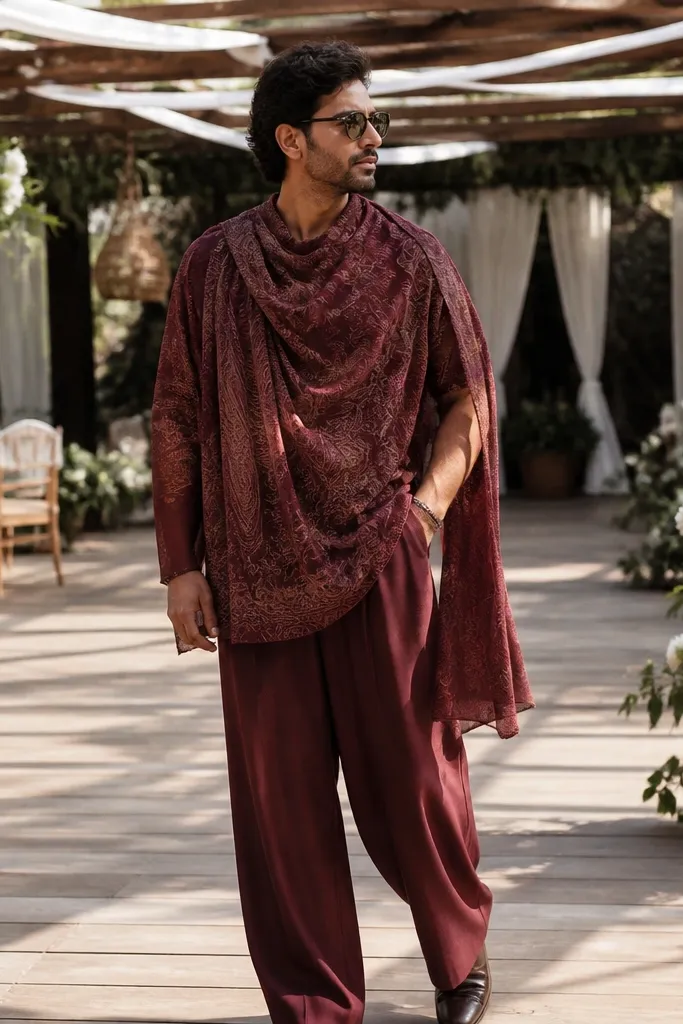 Patterned scarf-style top with solid wide-leg trousers and neutral heels