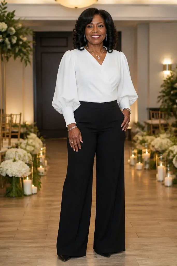 White blouse with puff sleeves and black wide-leg slacks and black flats
