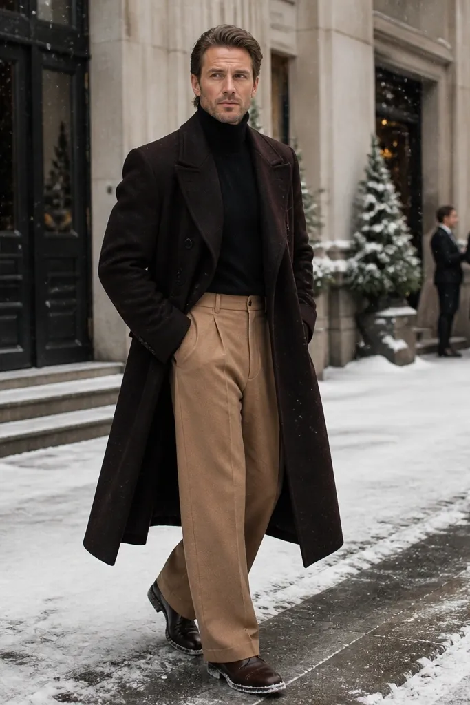 Black turtleneck with camel wide-leg trousers and long wool coat