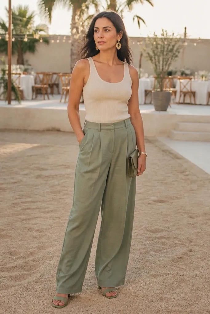 Cream ribbed tank with sage wide-leg trousers and green sandals