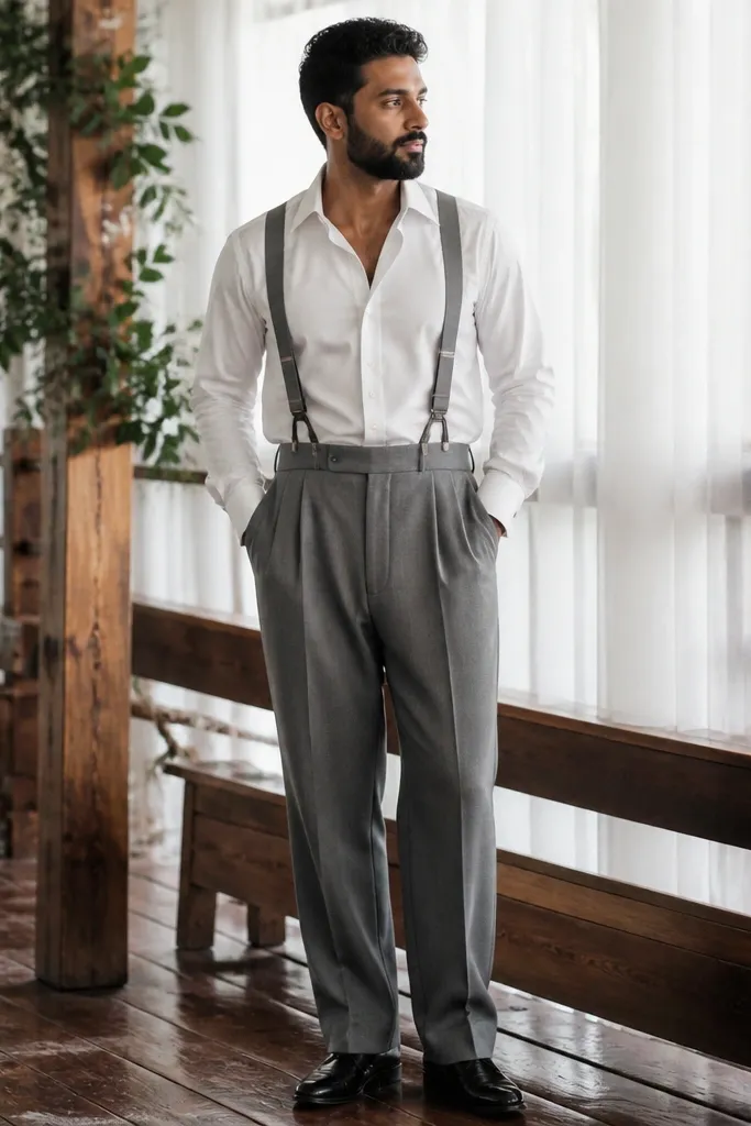 Gray wide-leg suit pants with a white button-up and suspenders
