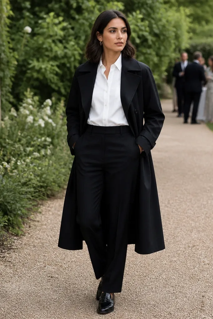 Ivory dress shirt under a long black trench with black tailored trousers