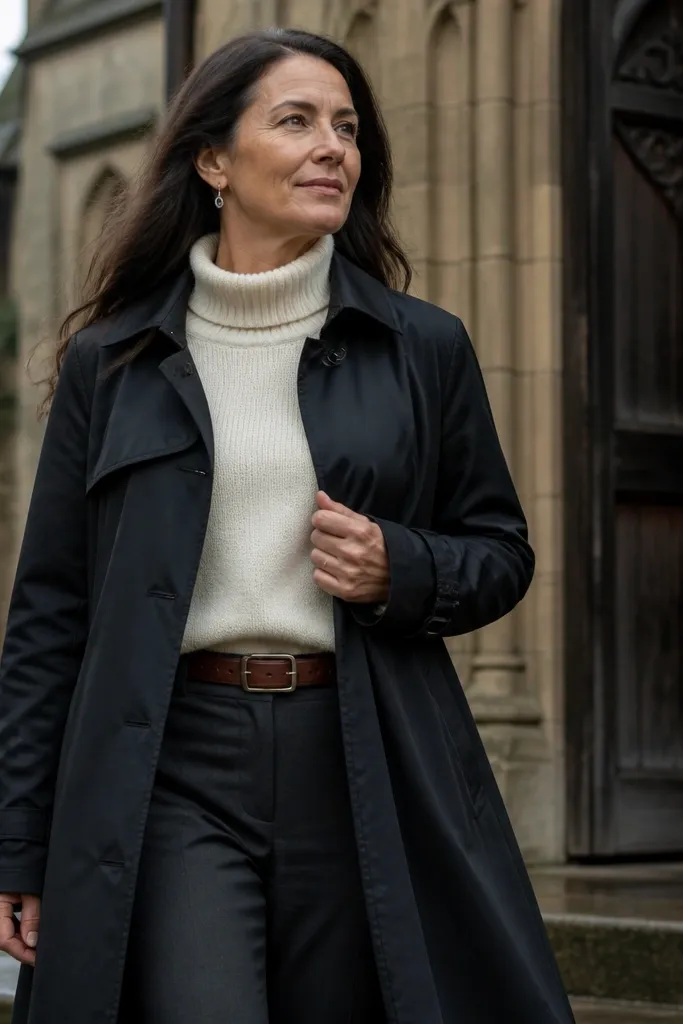 Cream turtleneck under a black trench with charcoal tailored trousers