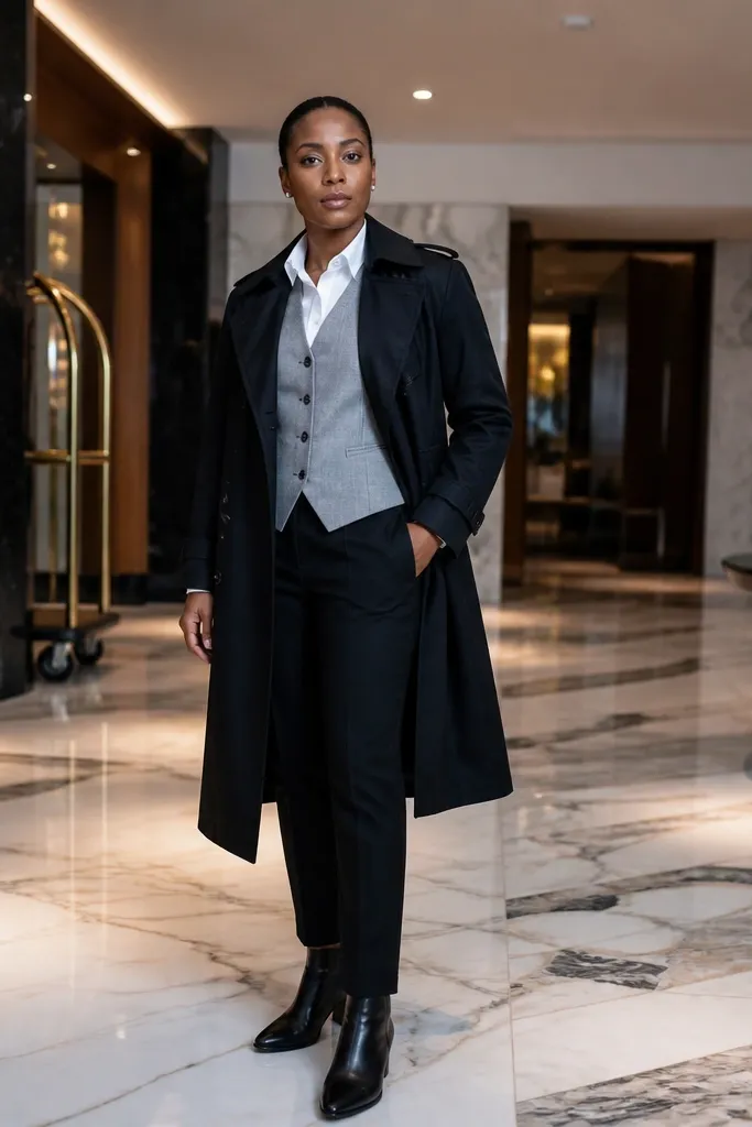 Light gray vest under a black trench over a white dress shirt