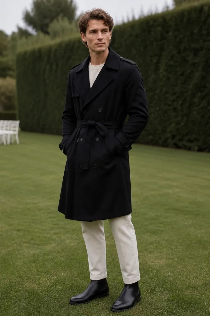 Black trench with cream trousers and black Chelsea boots