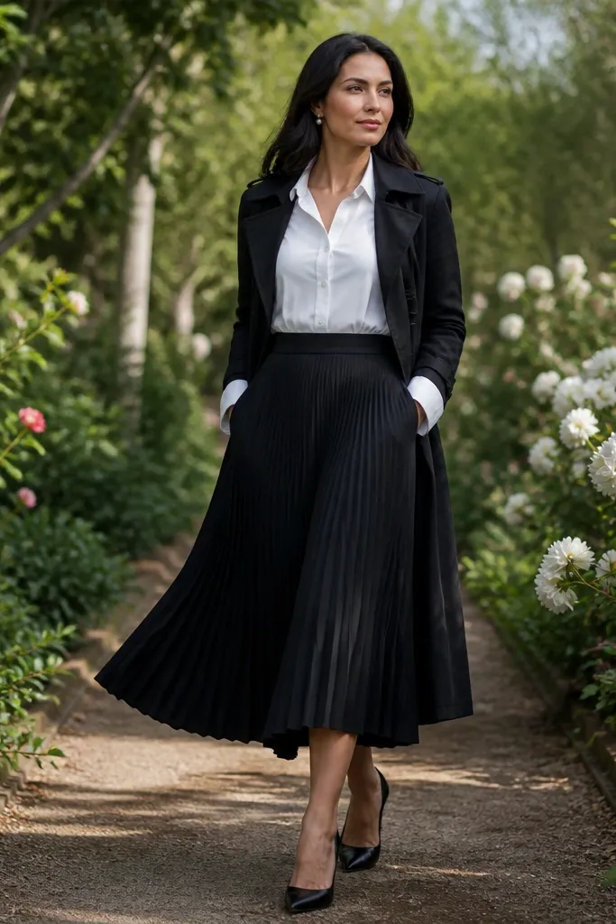 White blouse under a black trench with a black pleated midi skirt