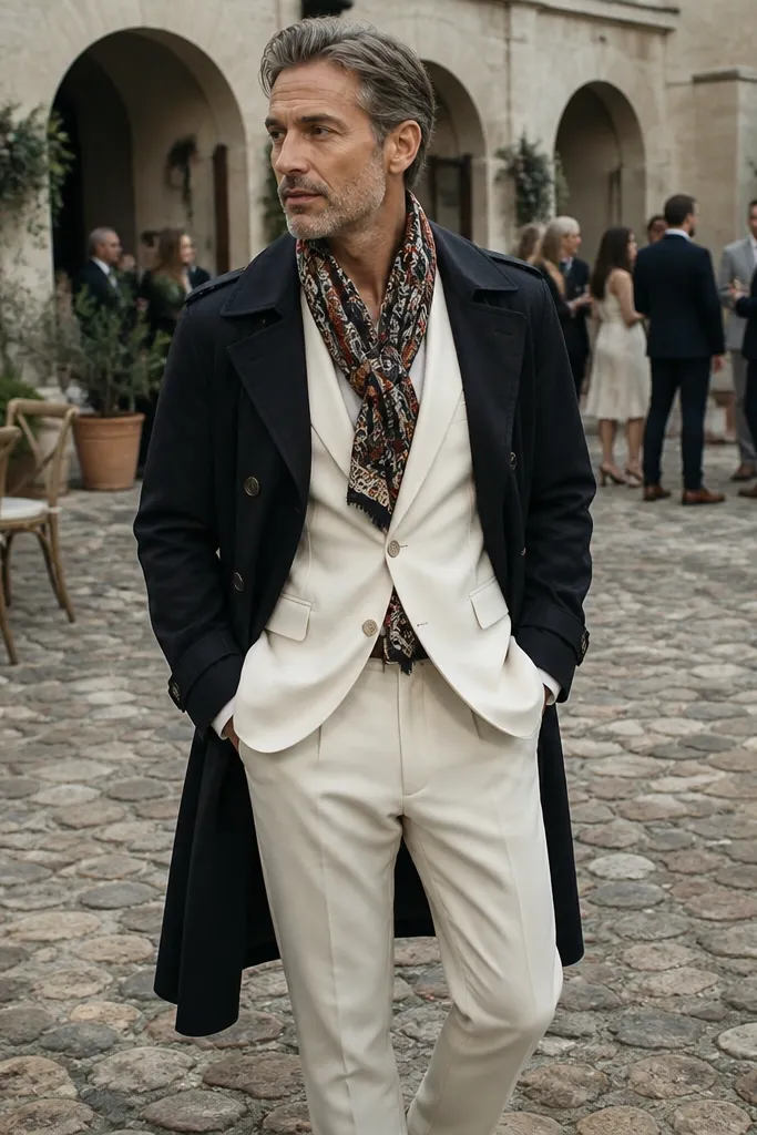 Black trench with an ivory trouser suit and a patterned scarf