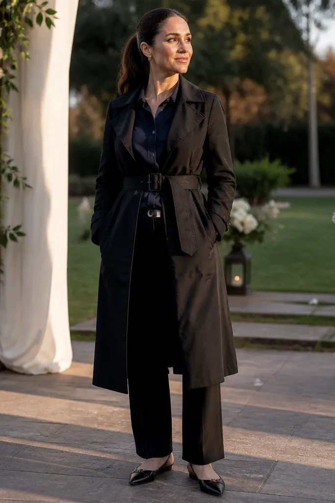 Navy dress shirt under black trench with belt cinched at waist