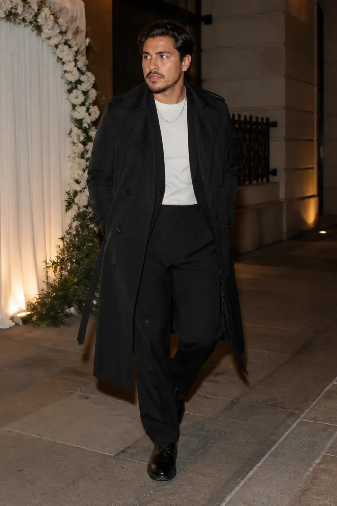 White tee under black trench with black suit trousers and leather shoes