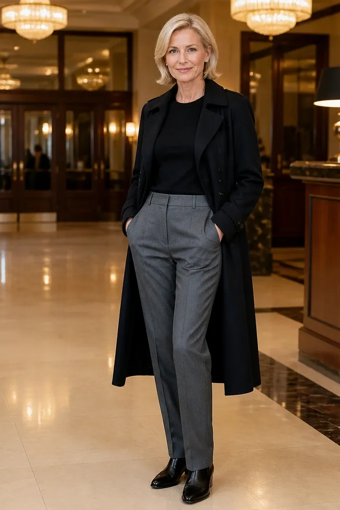 Silver-gray suit trousers under a black trench with black dress shoes