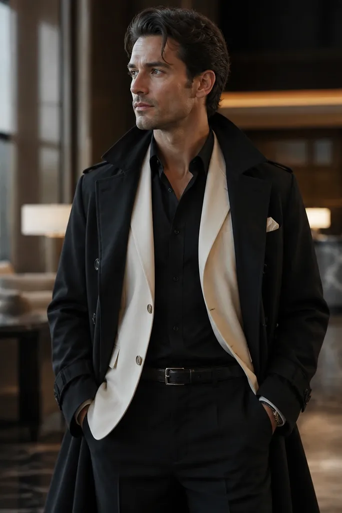 Cream blazer layered under a black trench with black trousers