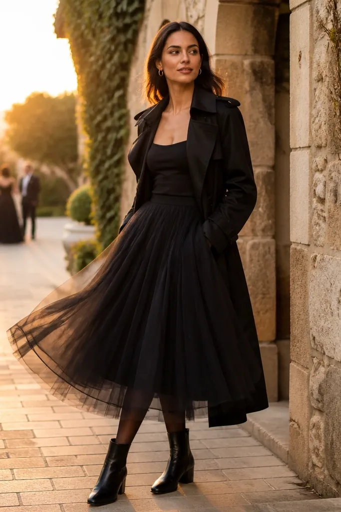 Black tulle skirt with a fitted bodysuit under a long black trench
