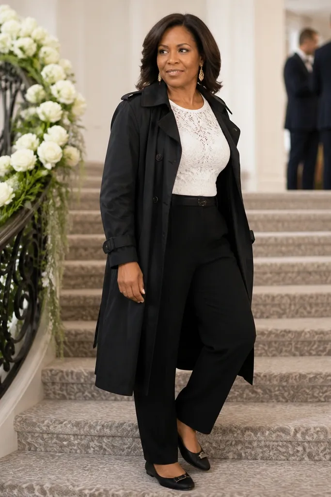 White lace top under black trench with black tailored trousers